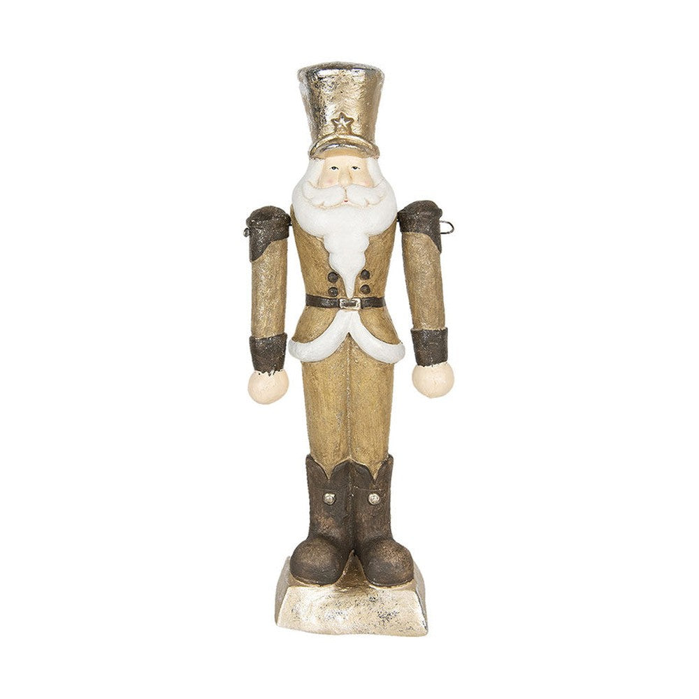 Rusztikus, vidéki stílusú, nagyméretű, 69 cm magas, antikolt festésű, barna és óarany színű diótörő szobor.