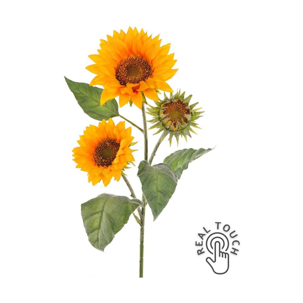 95 cm magas, 3 darab virágfejjel rendelkező mesterséges napraforgó művirág