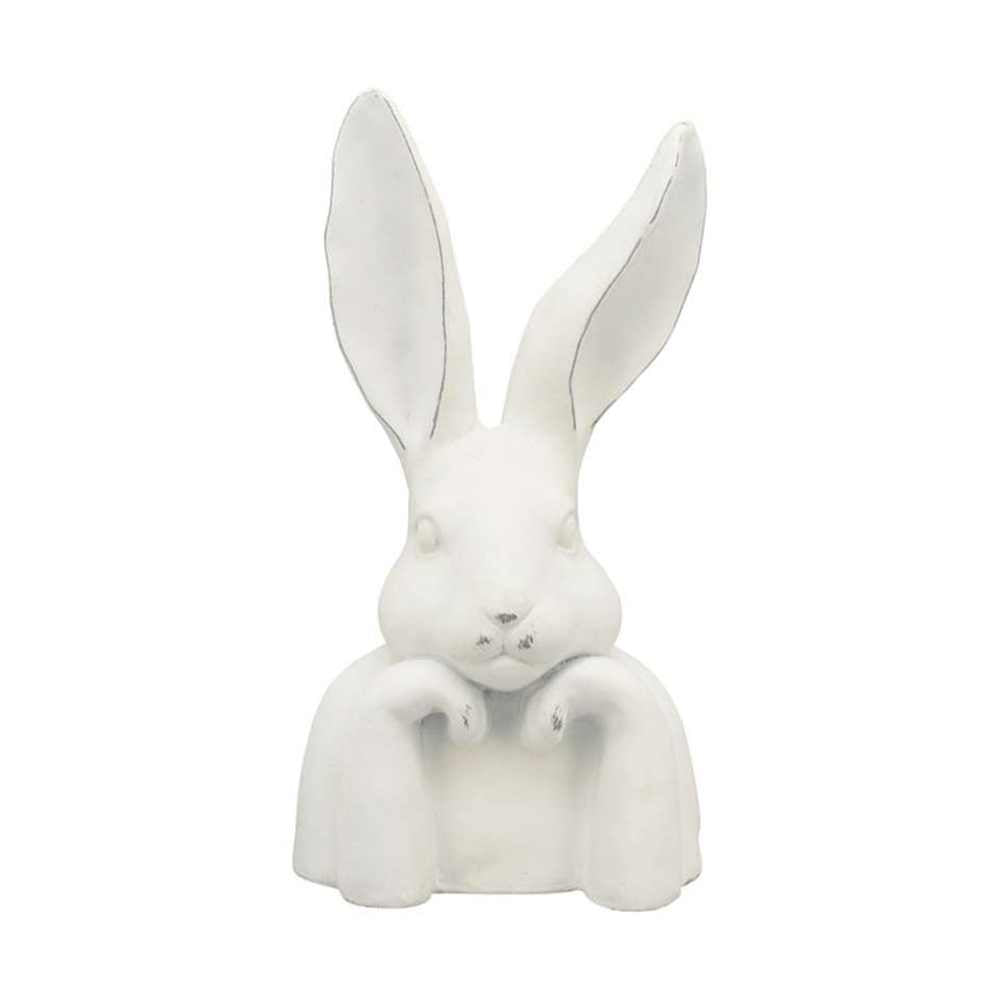 Vidéki vintage stílusú, patinás felületű, fehér színű, óriás méretű, 79 cm magas húsvéti nyuszi mellszobor