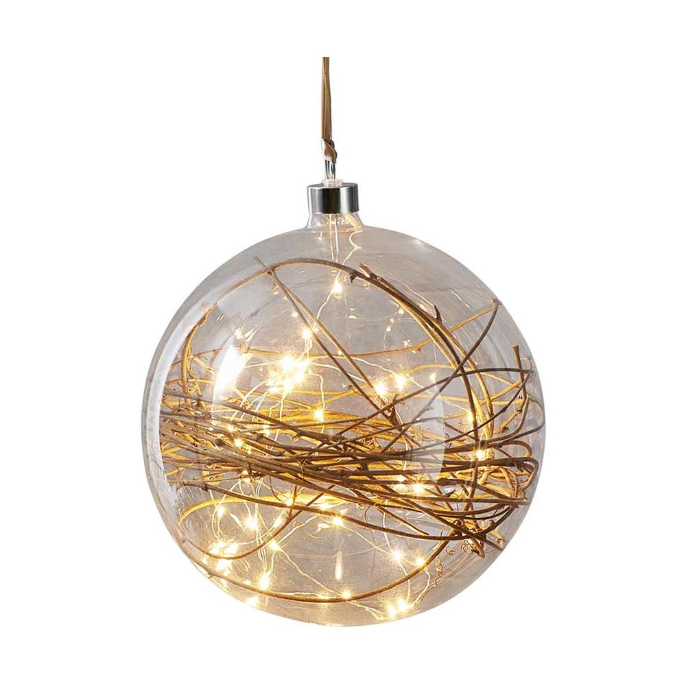Áttetsző, nagyméretű, karácsonyi üveggömb, 40 darab LED égővel és gallyal a belsejében.