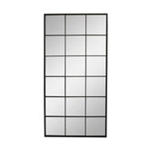 Feketeszínű, nagyméretű, 90 cm hosszú és 180 cm magas, fémből készült, loft stílusú falitükör.