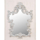 Prémium kategóriás, 128 cm magas, Shabby Chic stílusú, tört fehér színű, antikolt felületű, díszes indamintás kerettel díszített falitükör