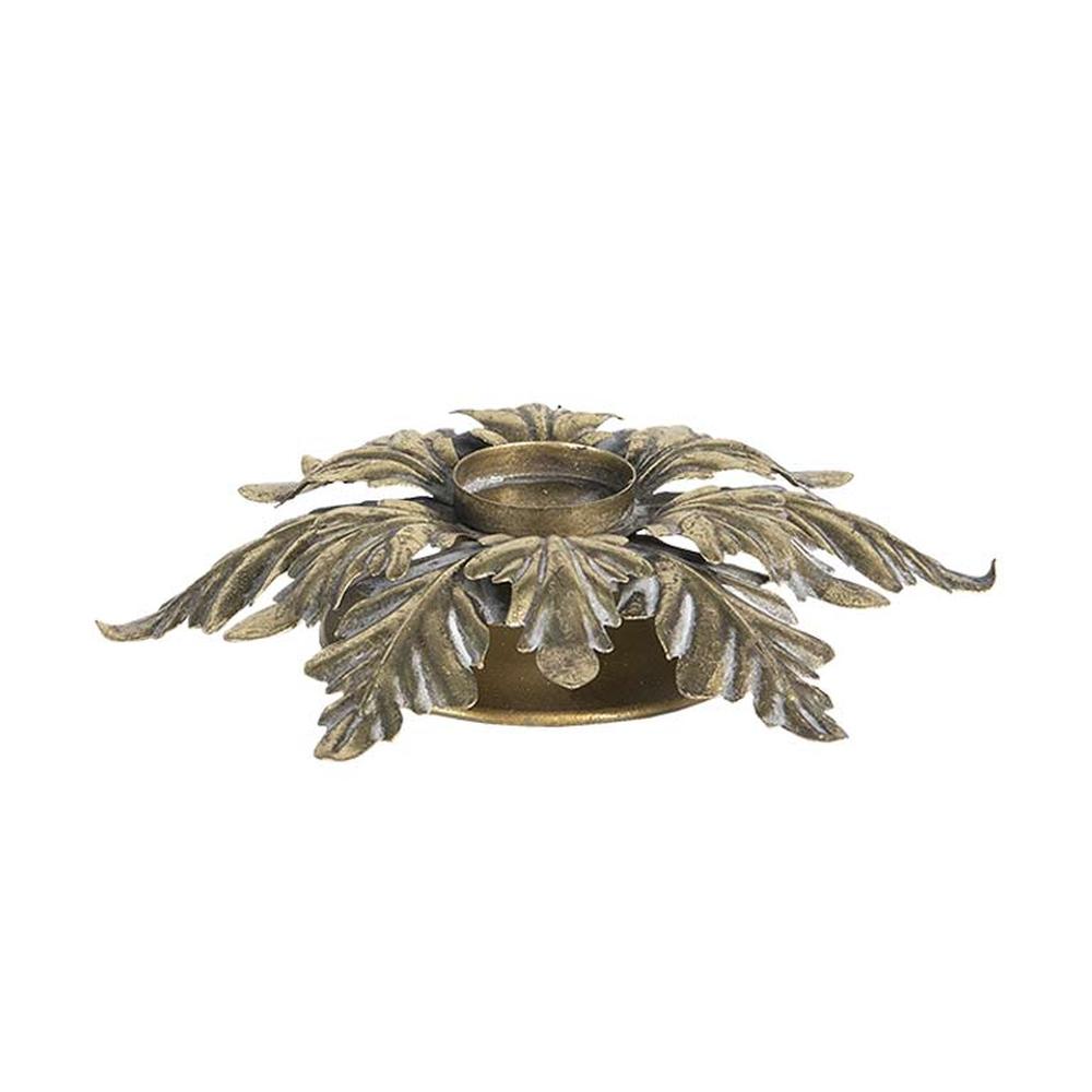 Barokkos megjelenésű, antikolt felületű, óarany színű, fém akantuszlevelekből készült kézműves gyertyatartó