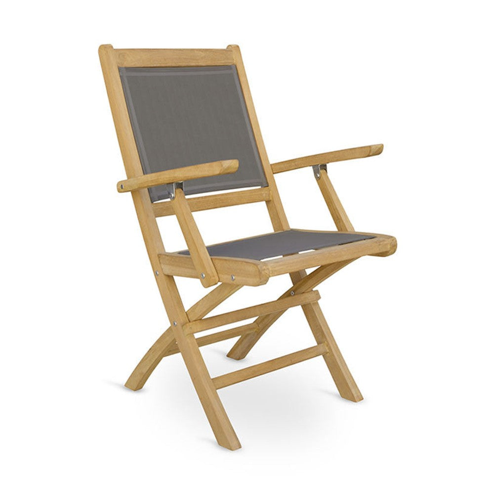 Prémium minőségű, mediterrán stílusú, összecsukható kézműves kerti teakfa karosszék szürke színű vízlepergető szövettel