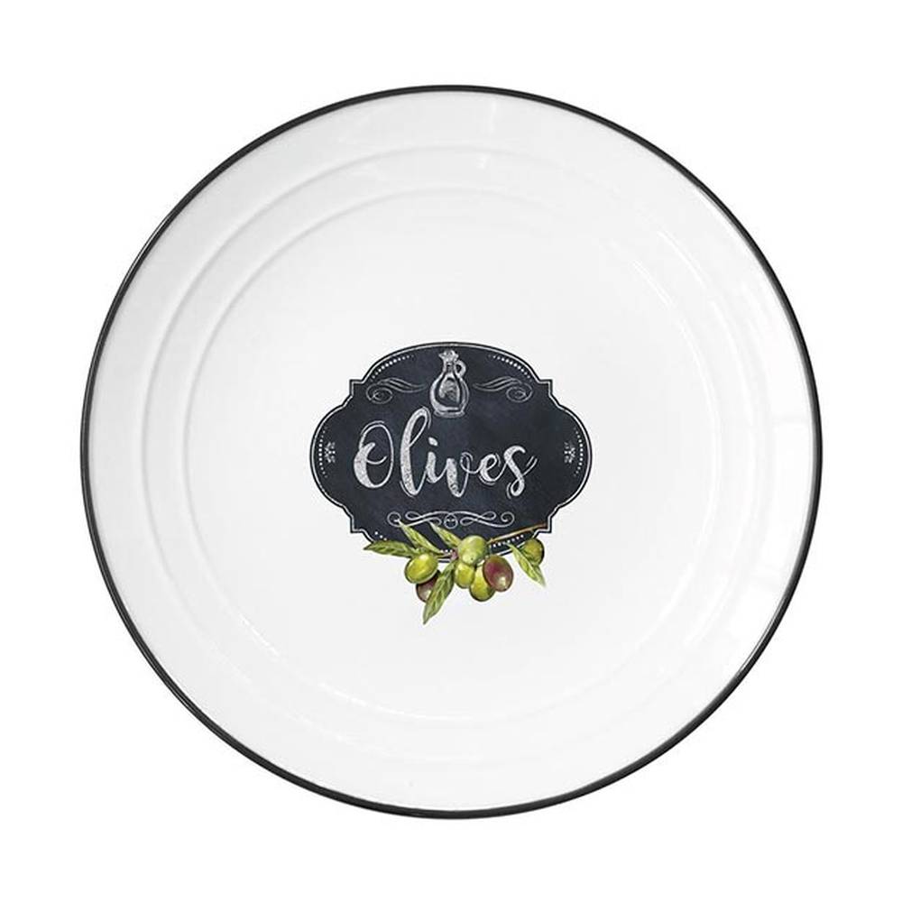 Fekete szegéjű, fehér színű porcelán desszerttányér olíva bogyó mintával és olives felirattal