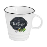 Fekete szegéjű, fehér porcelán teás bögre, fekete alapon fehér tea time felirattal