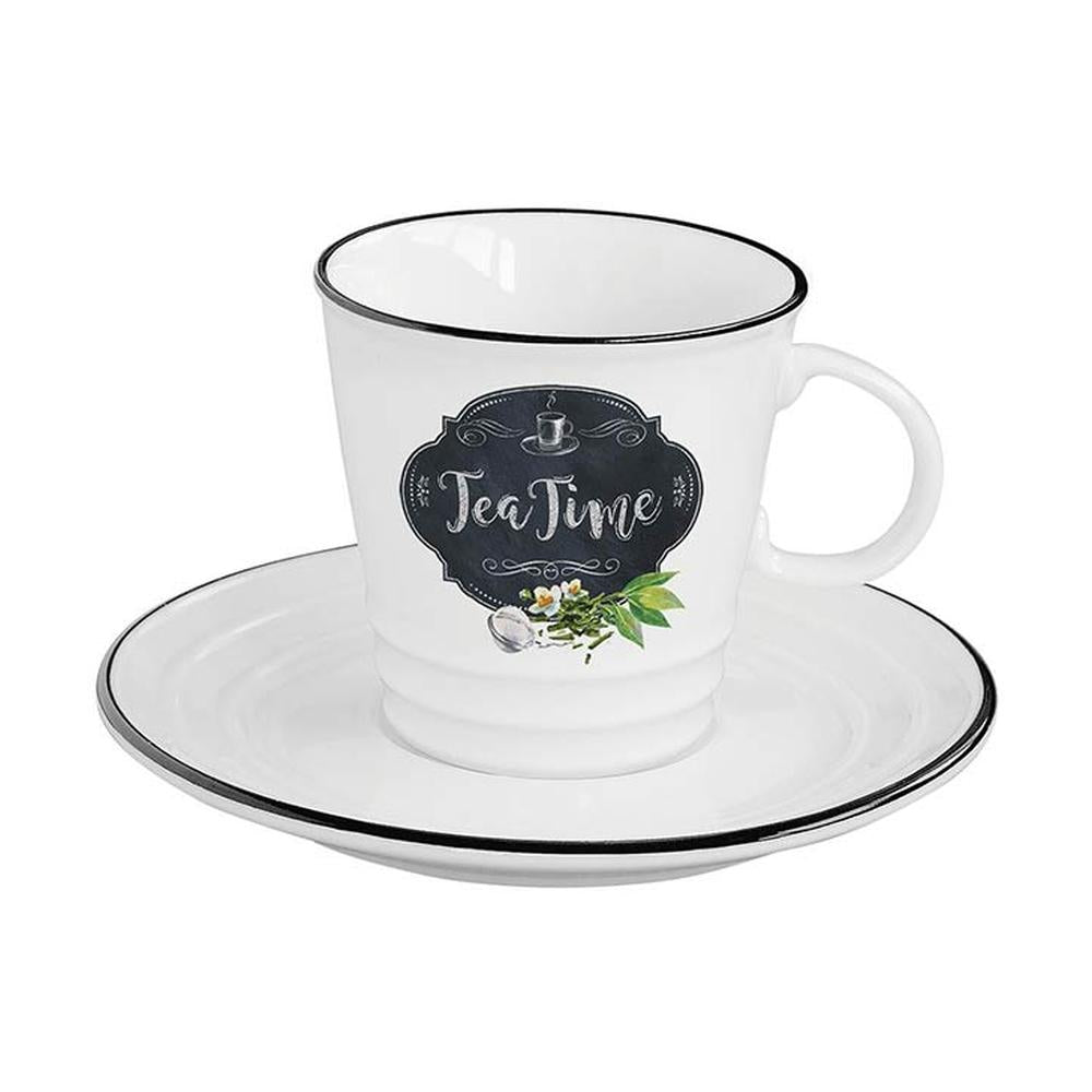 Fekete szegéjű, fehér porcelán teáscsésze csészealjjal, fekete alapon fehér tea time felirattal
