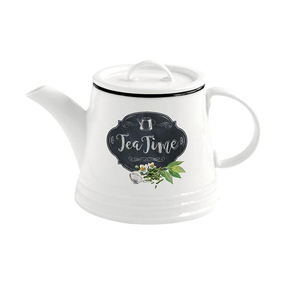 Fehér színű porcelán teáskanna fekete alapon fehér színű tea time felirattal