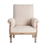 Prémium kategóriás, gyarmati stílusú, újrahasznosított trópusi fából készült, ekrü színű szövettel kárpitozott fotel szembenézeti képe