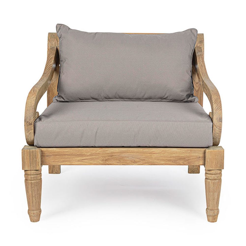Prémium kategóriás, orientál stílusú teakfa fotel szürke párnákkal.