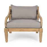 Prémium kategóriás, orientál stílusú teakfa fotel szürke párnákkal.