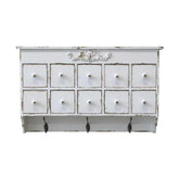 Provanszi stílusú, antik krémszínű, jegenyefenyőből készült fiókos szortírozó polc három darab fém fogassal.