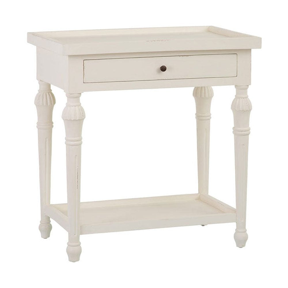 Provanszi stílusú, trópusi mindifából készült, faragott lábú, 72 cm hosszú, finoman antikolt, fehér színű fiókos konzolasztal