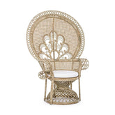 Valódi rattanból készült, natúr színű kézműves páva fotel, ekrü színű ülőpárnával.