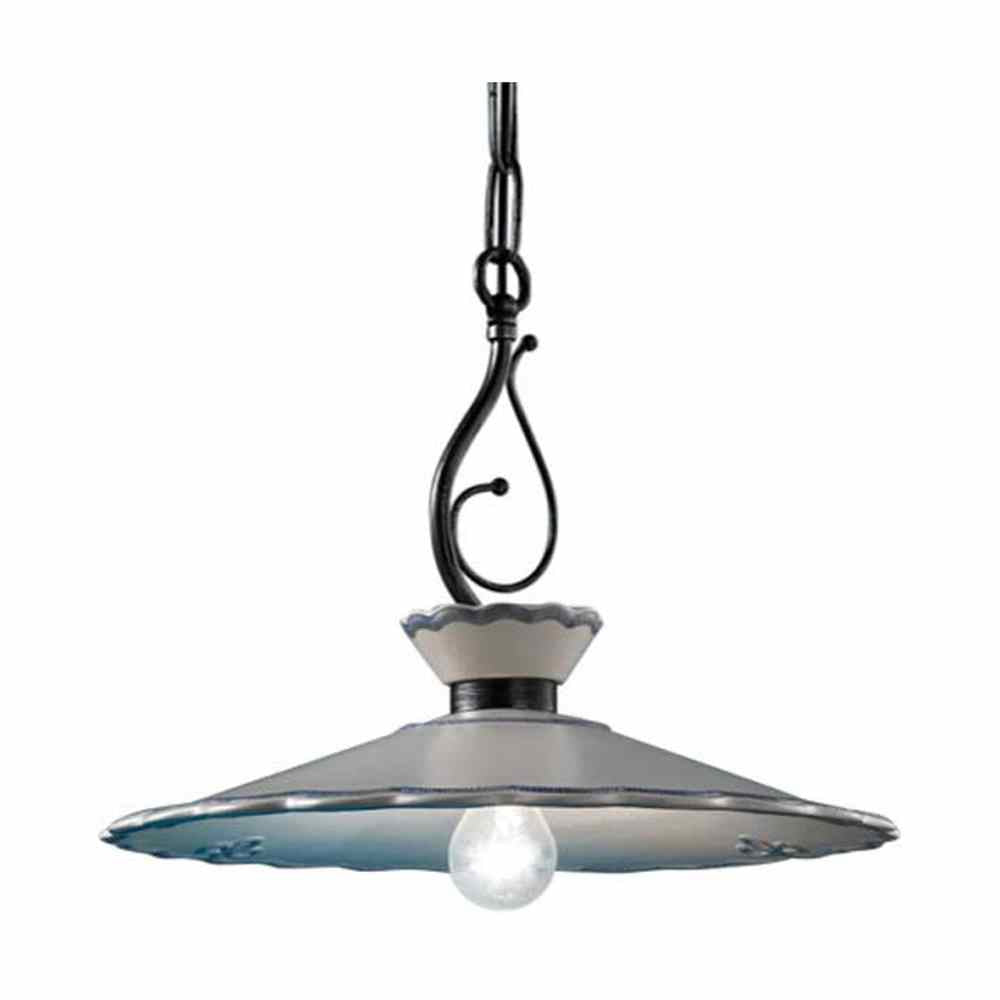 Kerámiából és fémből készült, textilburkolatú vezetékkel kialakított, kézműves függeszték lámpa.