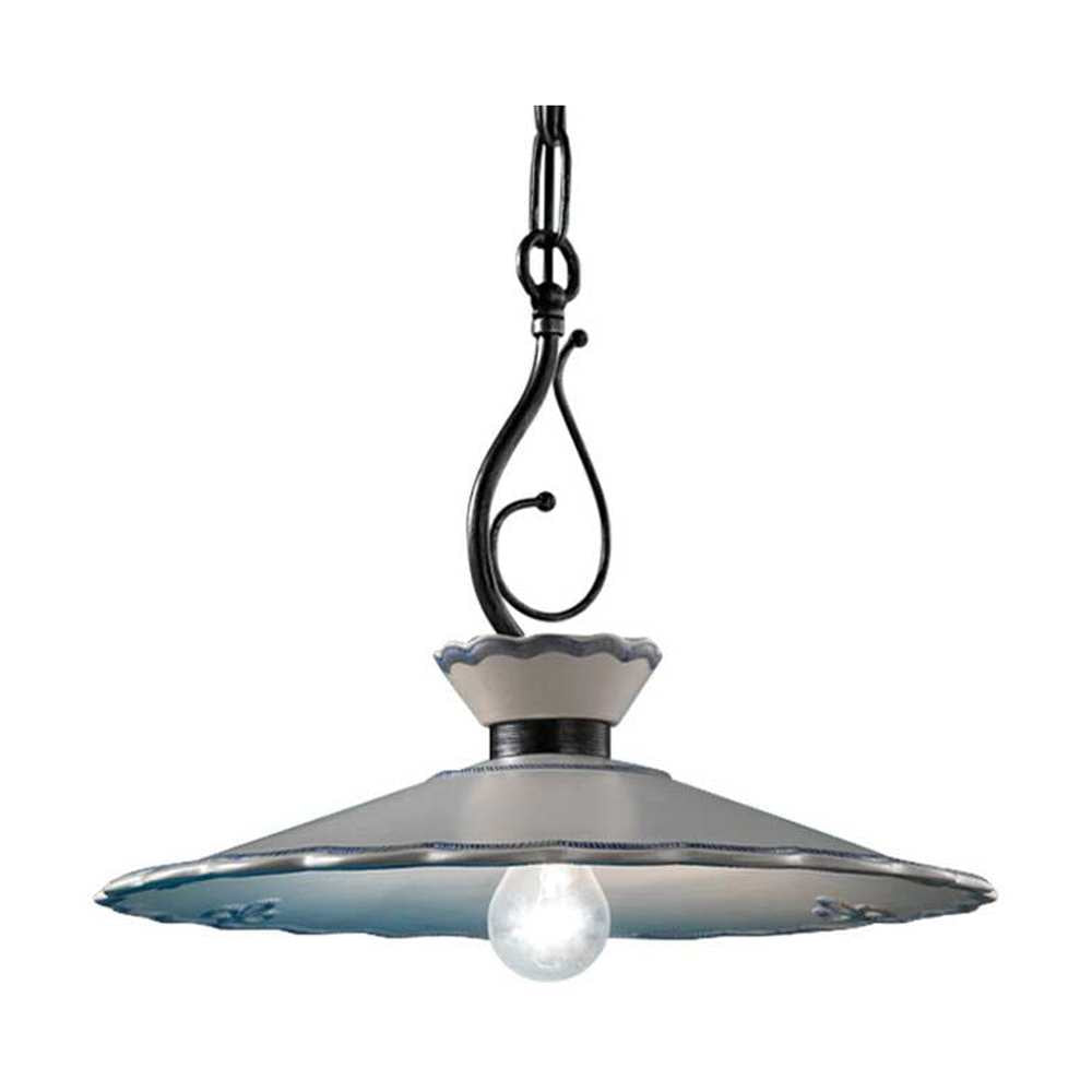 Kerámiából és fémből készült, textilburkolatú vezetékkel kialakított, kézműves függeszték lámpa.