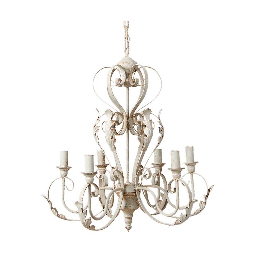 Shabby Chic stílusú, krém színű, antikolt felületű, fém akantuszlevelekkel díszített, 6 karú "Antoinette" fém csillár