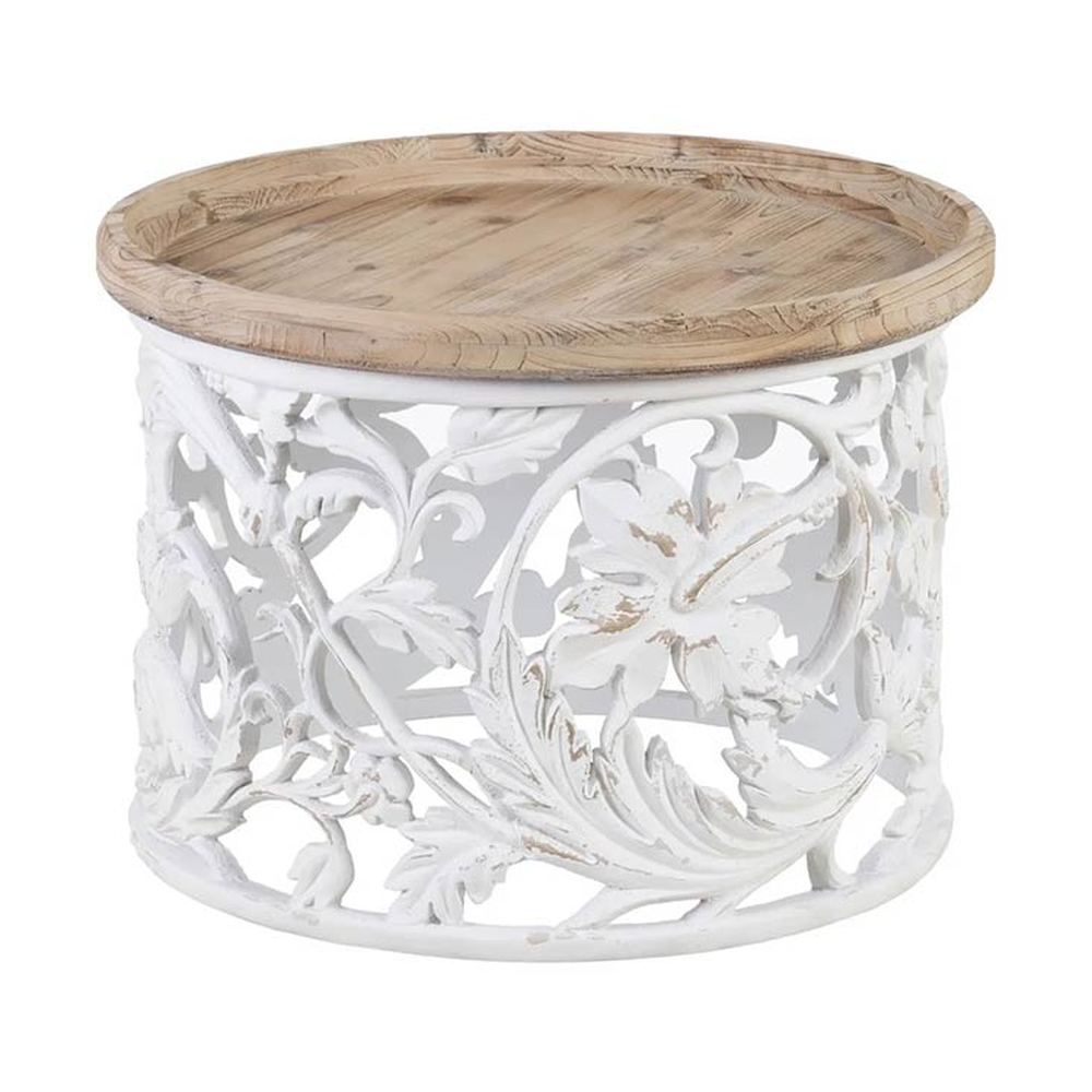 Shabby Chic stílusú, kör alakú, kézműves fenyőfa dohányzóasztal