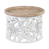 Shabby Chic stílusú, kör alakú, kézműves fenyőfa dohányzóasztal