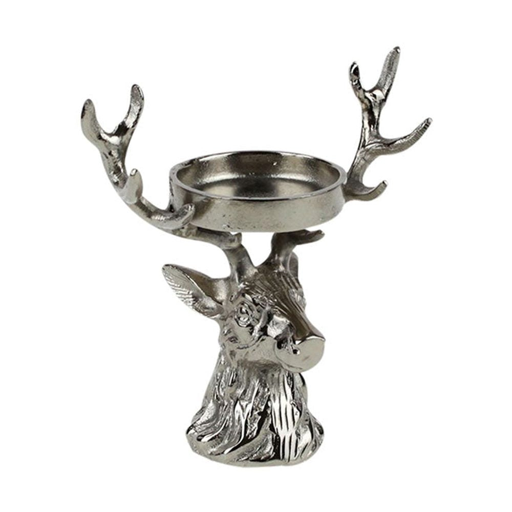Glamour stílusú, 21 cm magas, ezüst színű karácsonyi szarvasfejes gyertyatartó