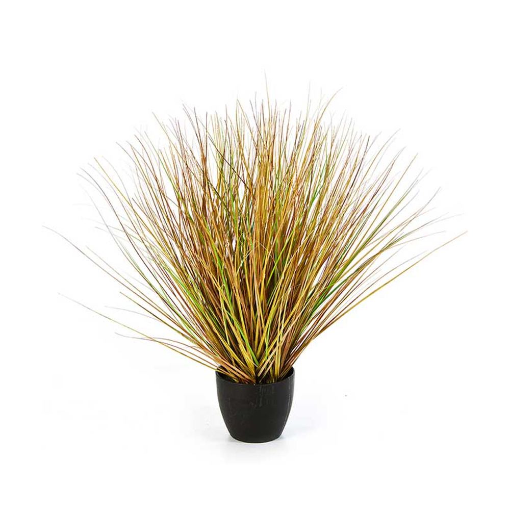 Őszi hangulatú, dús kialakítású, 65 cm magas, mű szökőkút fű bokor, fekete műanyag kaspóban.