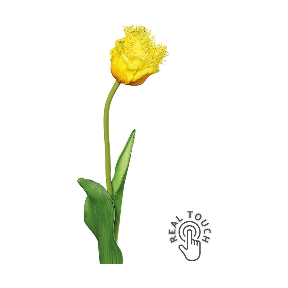 Élethű megjelenésű, Real Touch hatású, sárga színű, rojtos tulipán művirág.