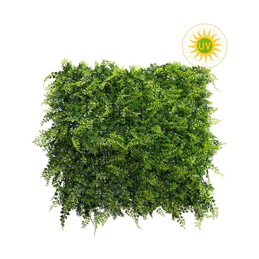 Élethű mű páfránylevelekből és mohákból készült, 50 cm hosszú és 50 cm széles, UV álló mesterséges növényfal panel.