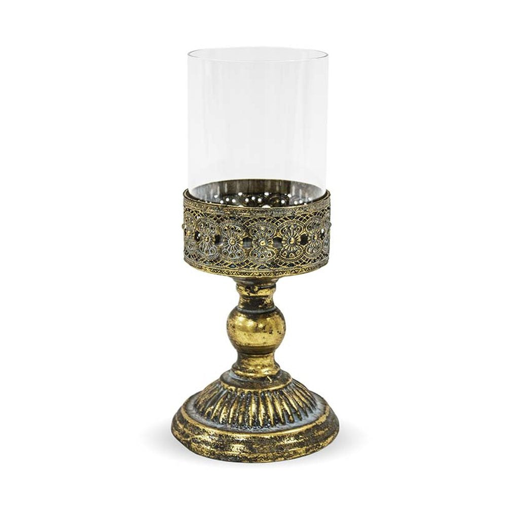 Patinás, óarany színű fém gyertyatartó üvegbúrával