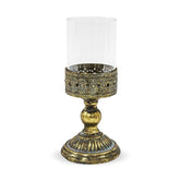 Patinás, óarany színű fém gyertyatartó üvegbúrával