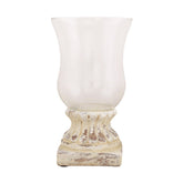 Shabby Chic, vintage stílusú, krém színű, kőhatású antikolt talpazatú üvegkelyhes gyertyatartó