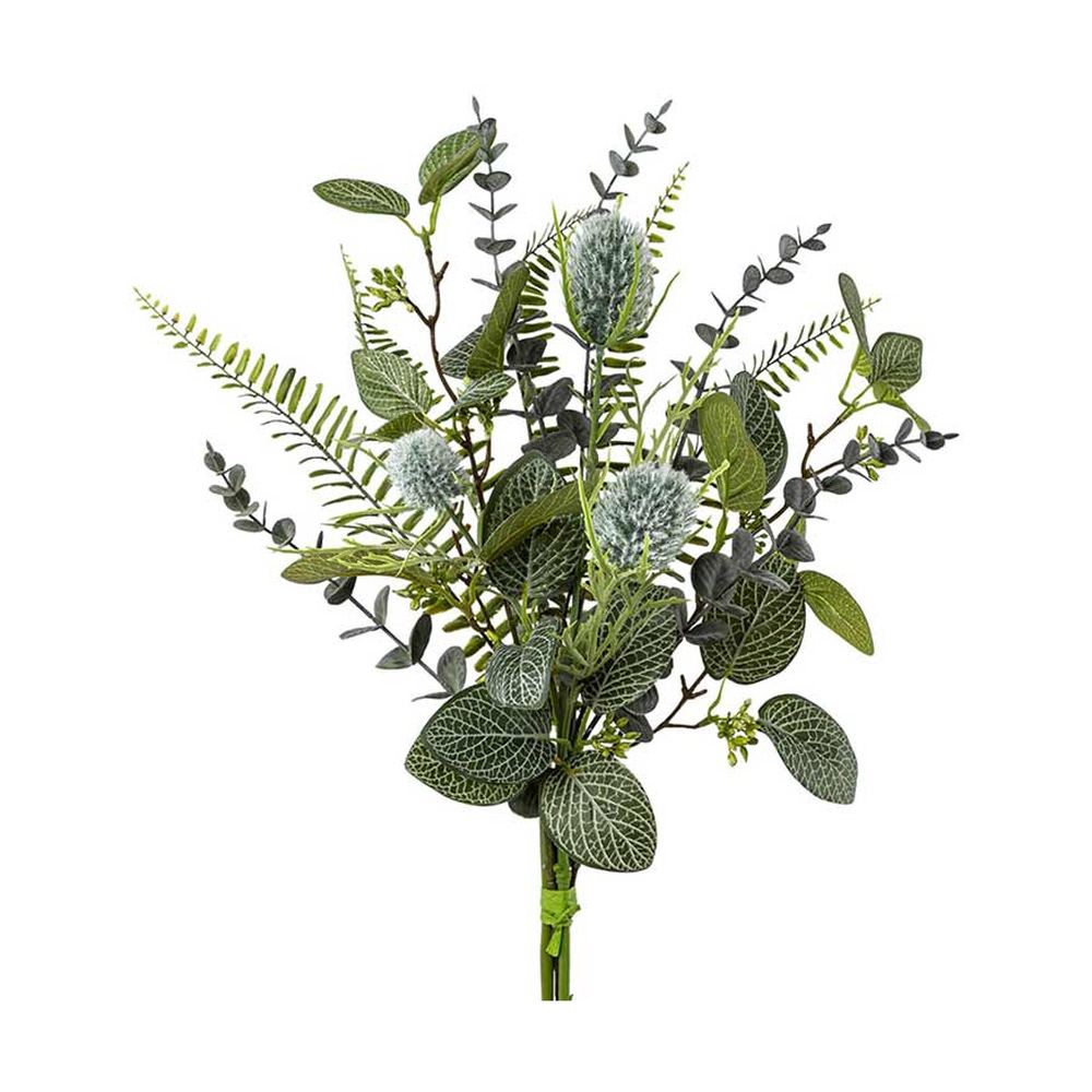 56 cm hosszú, vegyes zöldekkel kialakított mesterséges mű bogáncs csokor