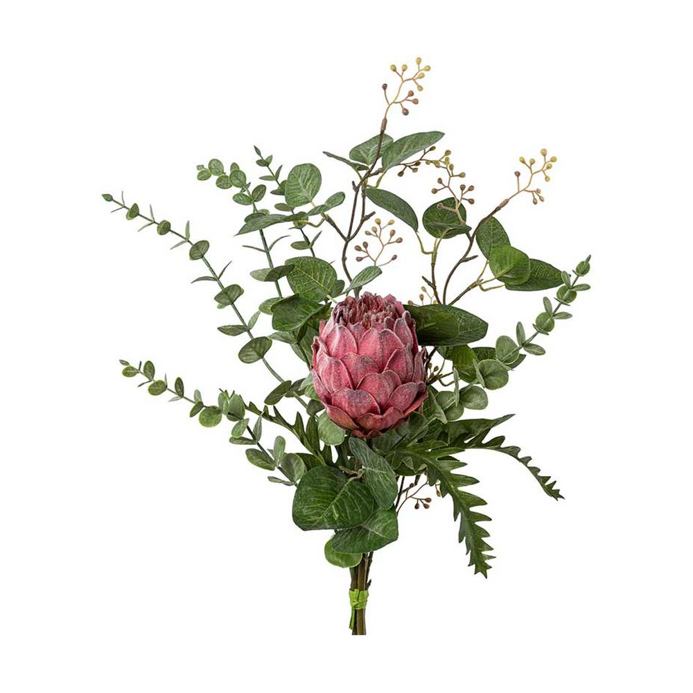 56 cm hosszú, vegyes zöldekkel kialakított mesterséges mű protea csokor