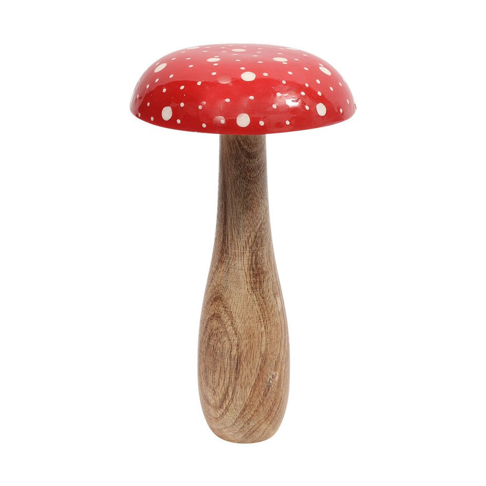 Fából készült, 25 cm magas, vintage stílusú, piros kalapú, fehér pöttyös, dekor galóca gomba.