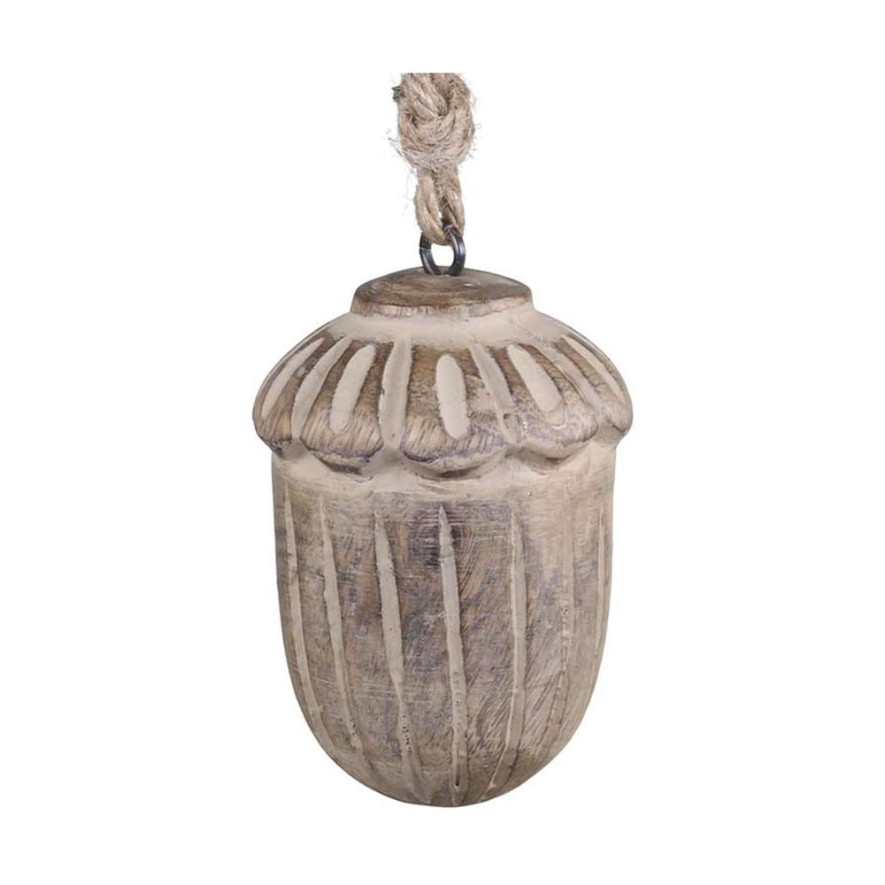 Vintage stílusú, mangófából faragott, 8 cm hosszú, antikolt felületű natúr színű, makk formájú, kézműves karácsonyfadísz