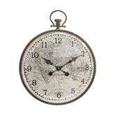 Nagyméretű, 55 cm átmérőjű és 67,5 cm magas, antik bronz színű vasabronccsal keretezett, világtérképes számlapú, domború polikarbonát üvegű, vintage stílusú falióra