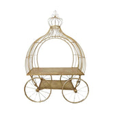 Vintage glamour stílusú, arany színű 158 cm hosszú és 224 cm magas koronás hintó formájú fém kiállítóasztal