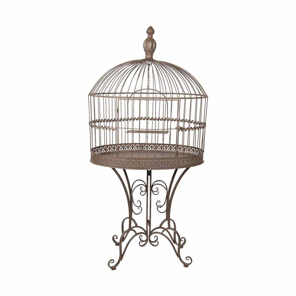 Fémből készült, ovális formájú, barna színű, 70 cm hosszú és 142 cm magas, díszes lábakon álló, vintage stílusú madárkalitka.
