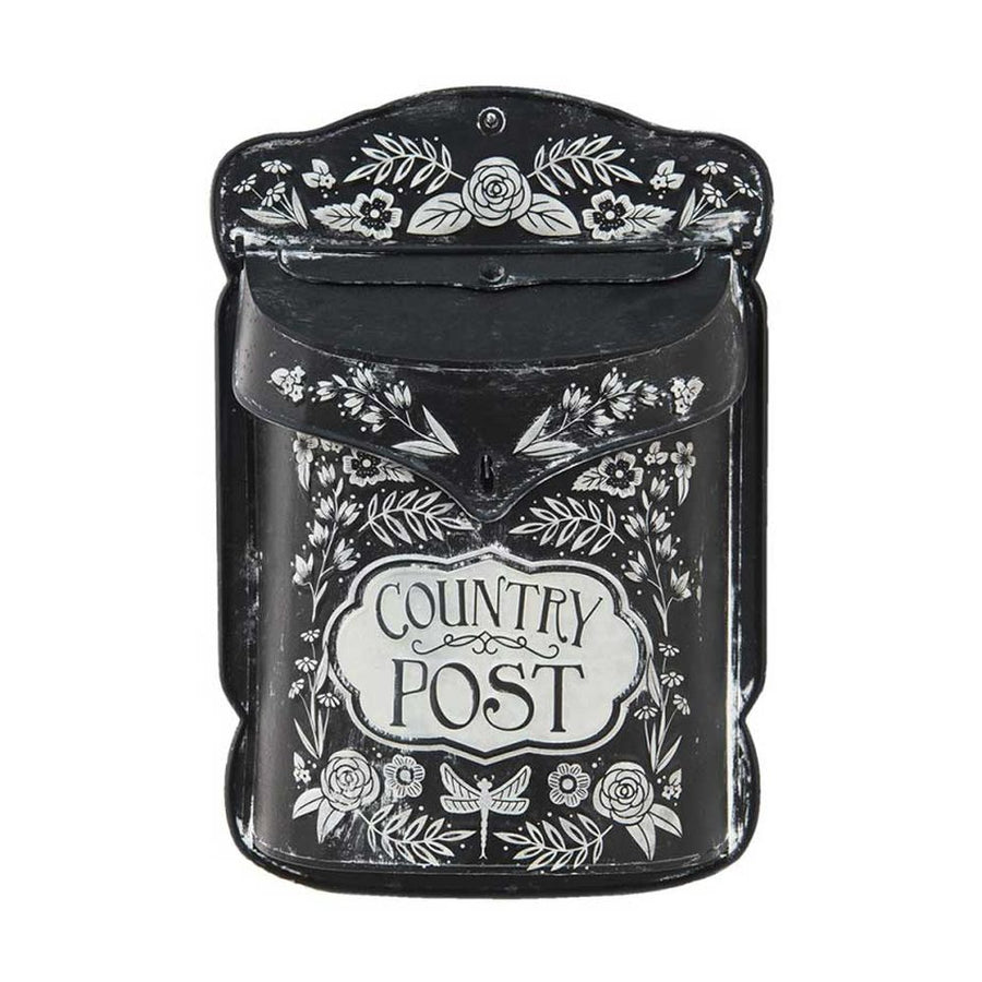 Vintage stílusú, fémből készült, fehér színű növényi dombormintával díszített, "Country Post" feliratú antik fekete dekor postaláda