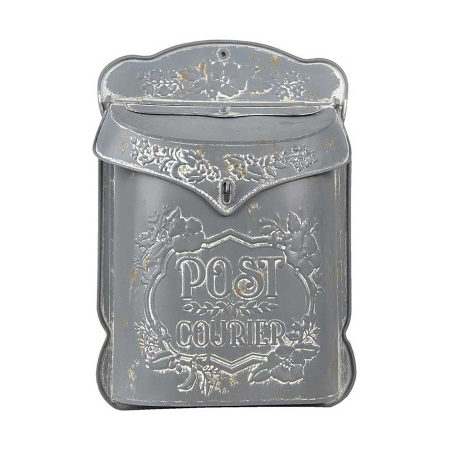 Vintage stílusú, fémből készült, növényi dombormintával díszített, "Post Courier" feliratú antik szürke dekor postaláda az