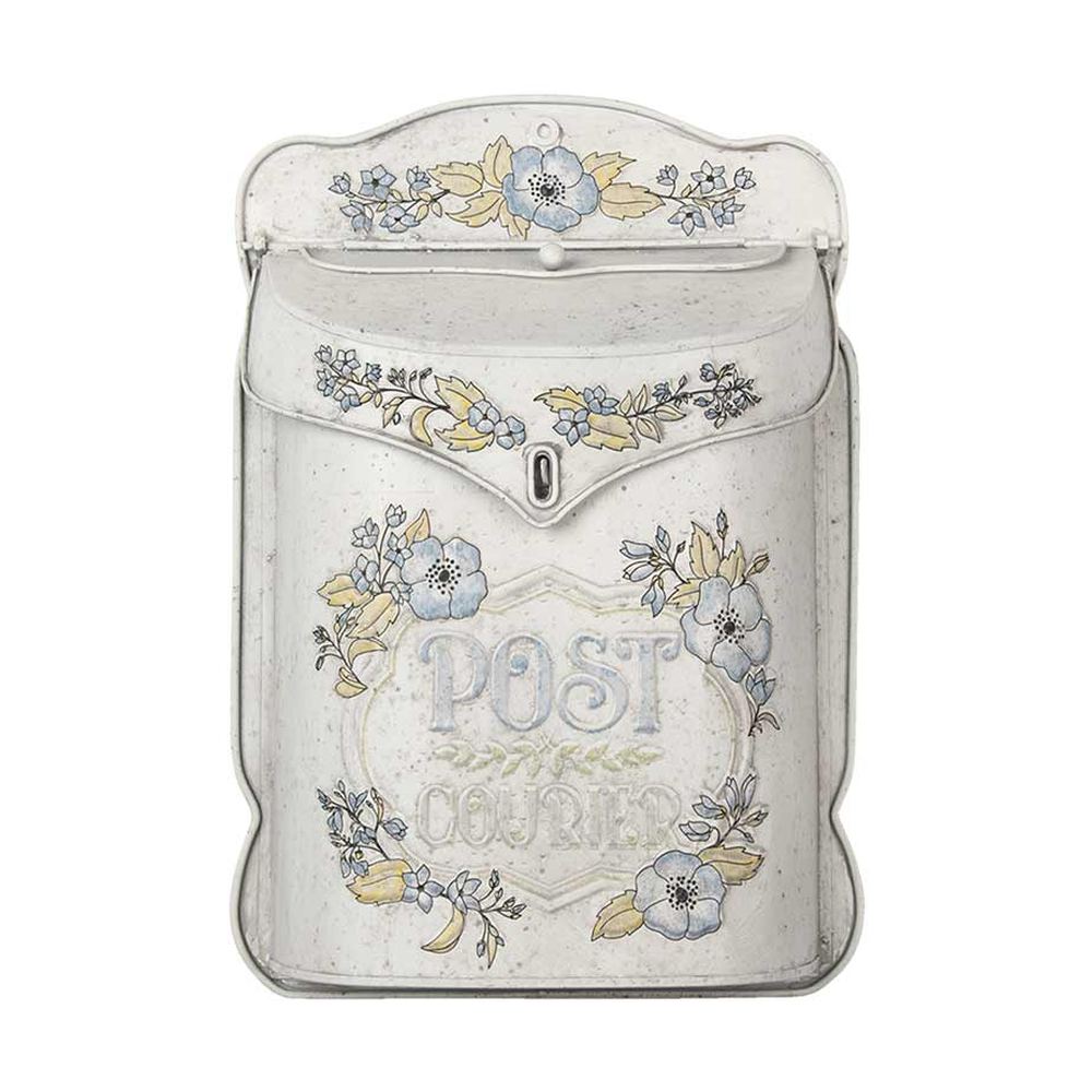 Vintage stílusú, fémből készült, antikolt púder színű, virágos dombormintával díszített, post feliratú postaláda