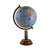 Antik kék alapszínű, 22 cm átmérőjű és 37 cm magas, vintage stílusú földgömb mangófa talapzaton.