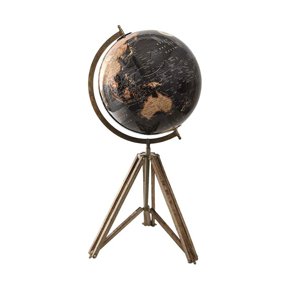 Antik fekete alapszínű, 31 cm átmérőjű és 67 cm magas, vintage stílusú földgömb, fémmel megerősített fa lábakon.