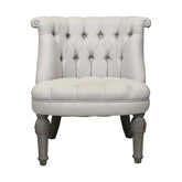 Francia stílusú vintage fotel masszív tölgyfa lábakkal, ekrü színű, gombbehúzásos technikával díszített tűzálló pamutvászon kárpittal