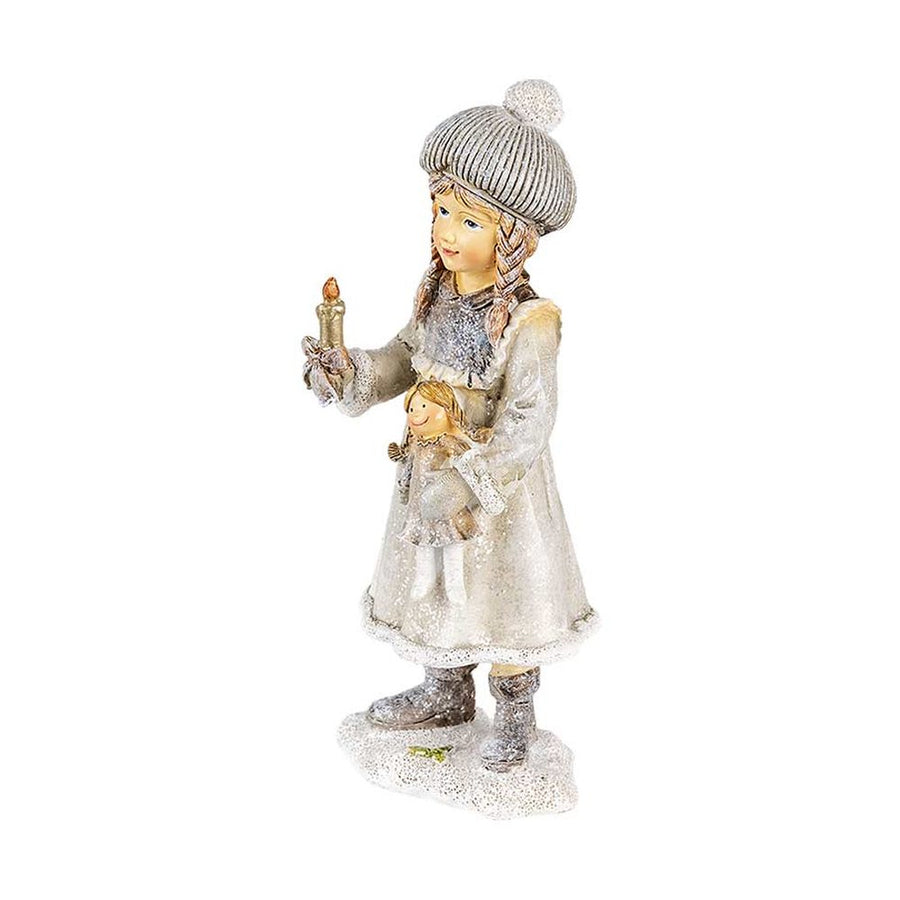 Vintage stílusú, 19 cm magas, tradicionális megjelenésű, deres felületű karácsonyi kislány, gyertyával és babával a kezében
