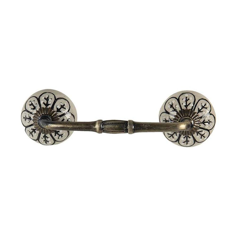 Vintage stílusú, 14 cm hosszú, mázas kerámia gombokkal díszített, réz színű fém bútorfogantyú.