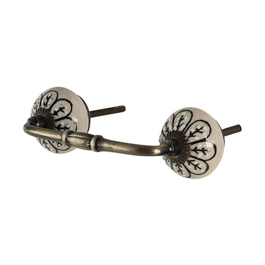 Vintage stílusú, 14 cm hosszú, mázas kerámia gombokkal díszített, réz színű fém bútorfogantyú..