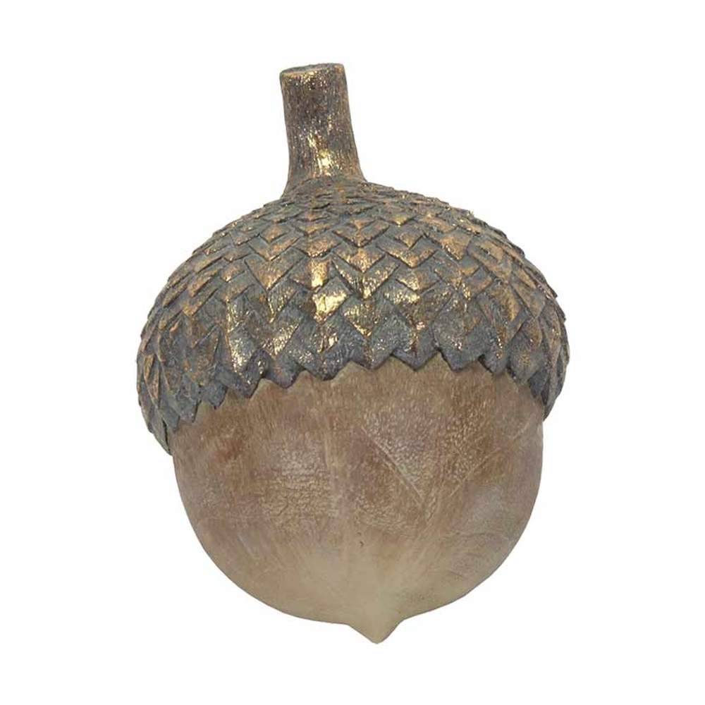 Vintage, rusztikus stílusú, 14 cm magas, fa hatású, antik arany színnel patinázott karácsonyi makk dísz