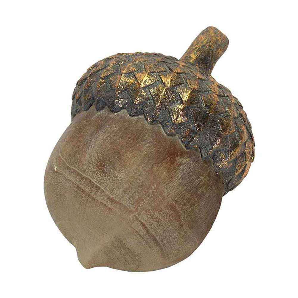 Vintage, rusztikus stílusú, 16 cm hosszú fa hatású, antik arany színnel patinázott karácsonyi makk dísz