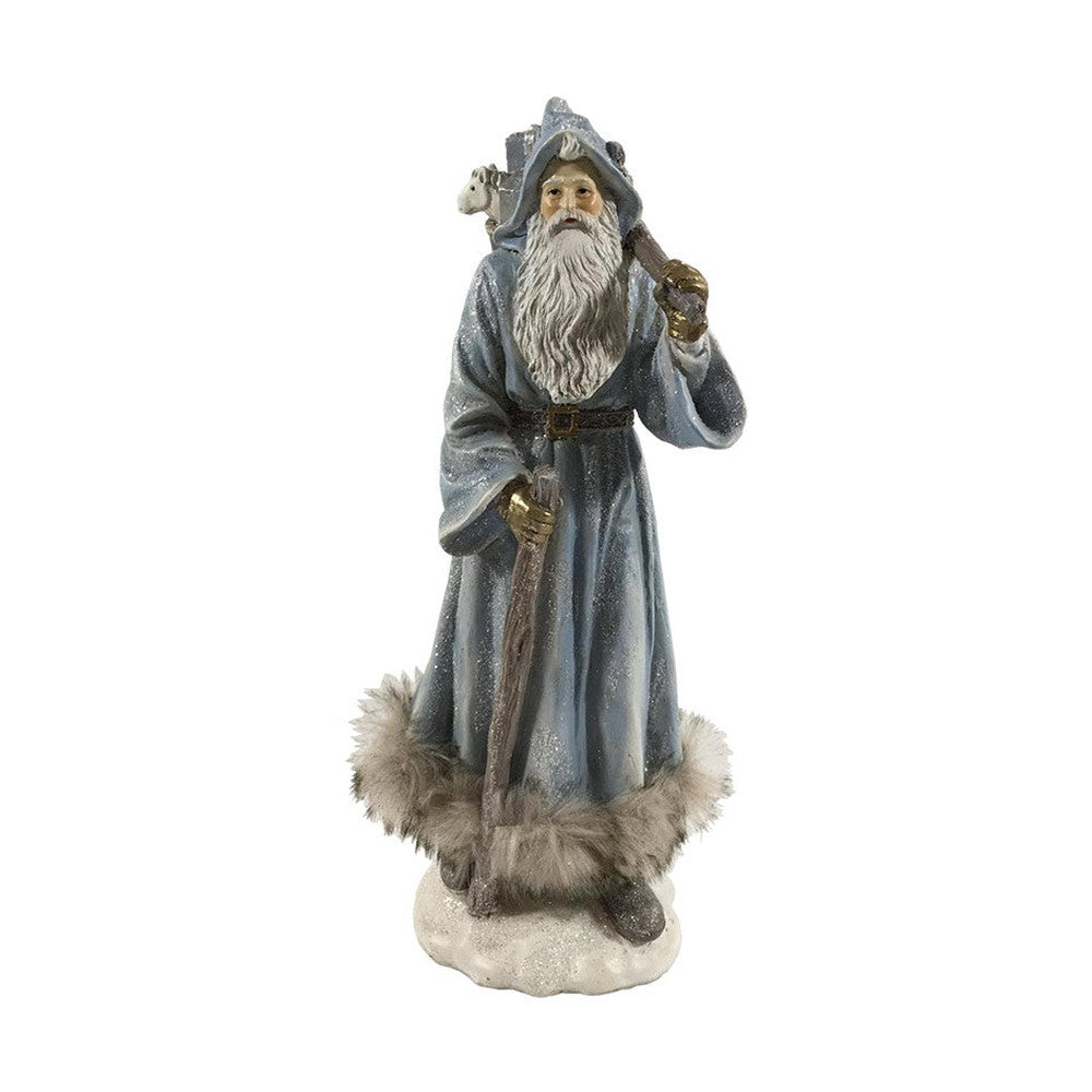 Prémium kategóriás, vintage stílusú, prémszegéllyel díszített, 31 cm magas, kék színű, deres Télapó figura