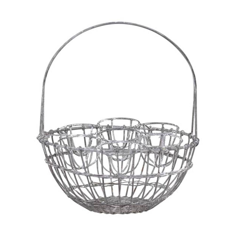 7 tojás tárolására alkalmas, antikolt szürke színű, fém tojástartó kosár.